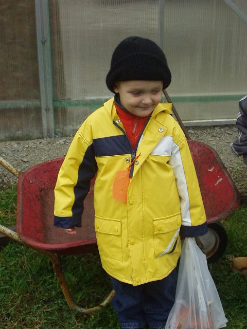 Elijah had to put his pumpkin in a sack.. it was all muddy.